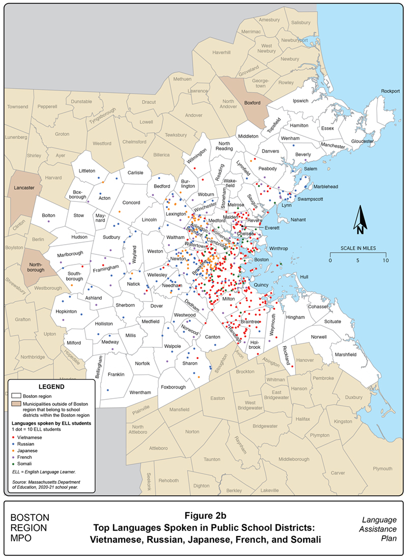 Figure 2B is a map showing the distribution of students who speak one of the top languages spoken in the Boston region’s public school districts: Vietnamese, Russian, Japanese, French, and Somali.